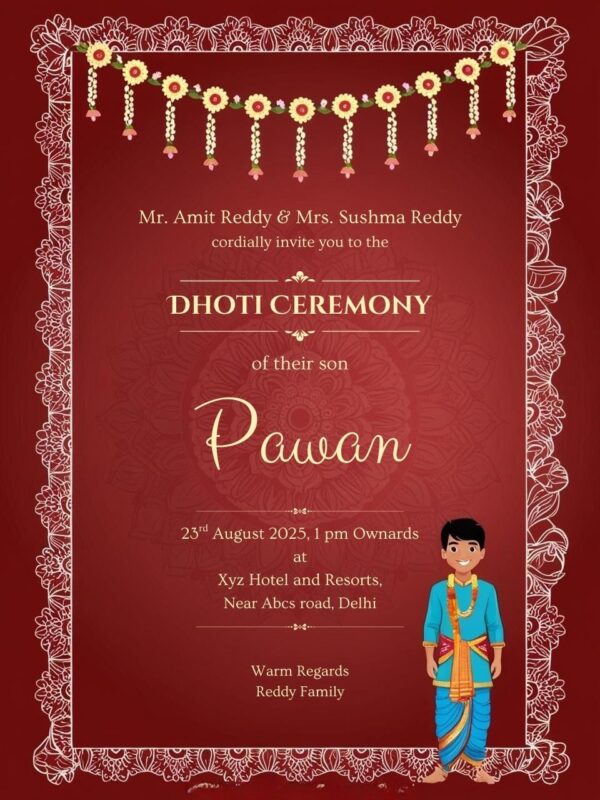 Dhoti ceremony invite design with child wearing dhoti and kurta