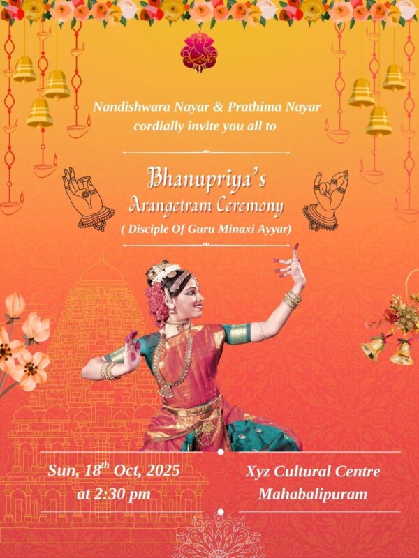 Arangetram Invitation with Photo of Dancer and Hand Gestures