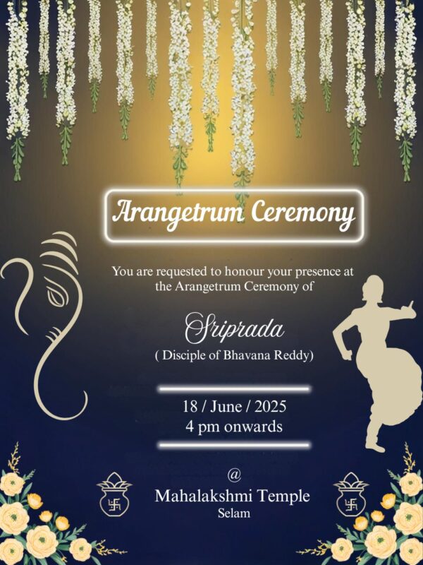 Golden and Black Theme Arangetram Ceremony Invitation with Unique Design