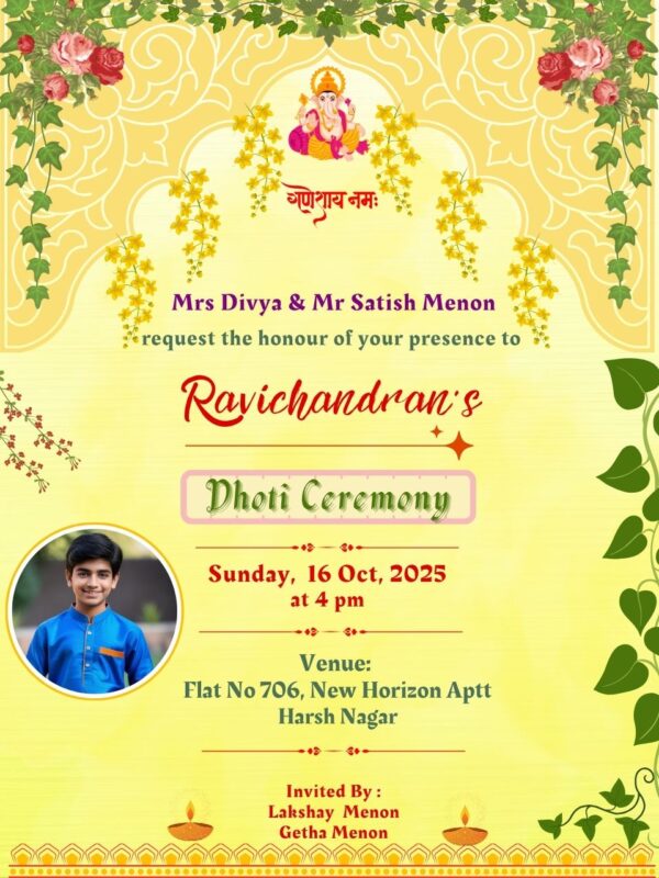 Dhoti Ceremony Card With Photo of Boy