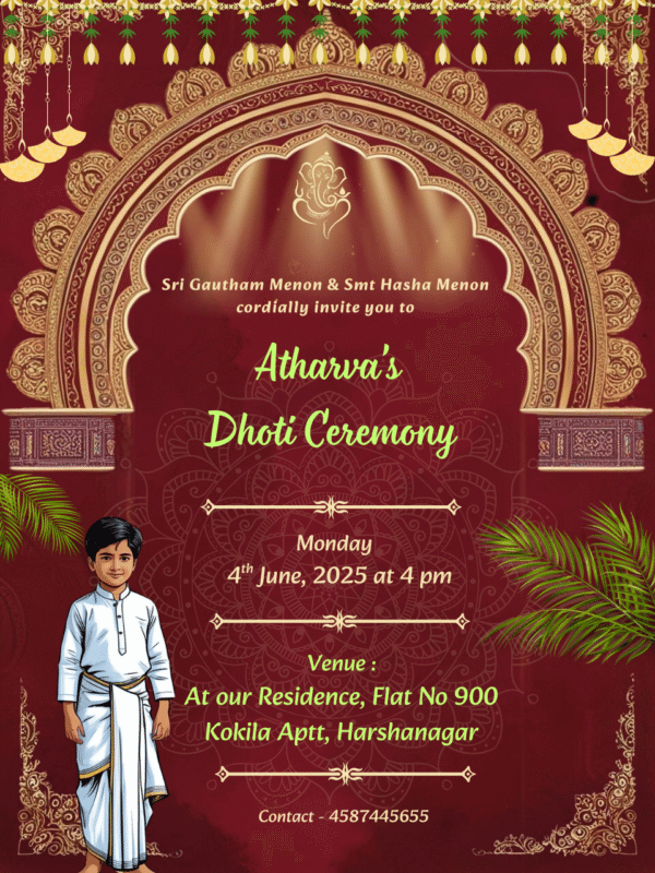 Dhoti Ceremony Invitation card with Stunning Arch design and Boy Doodle