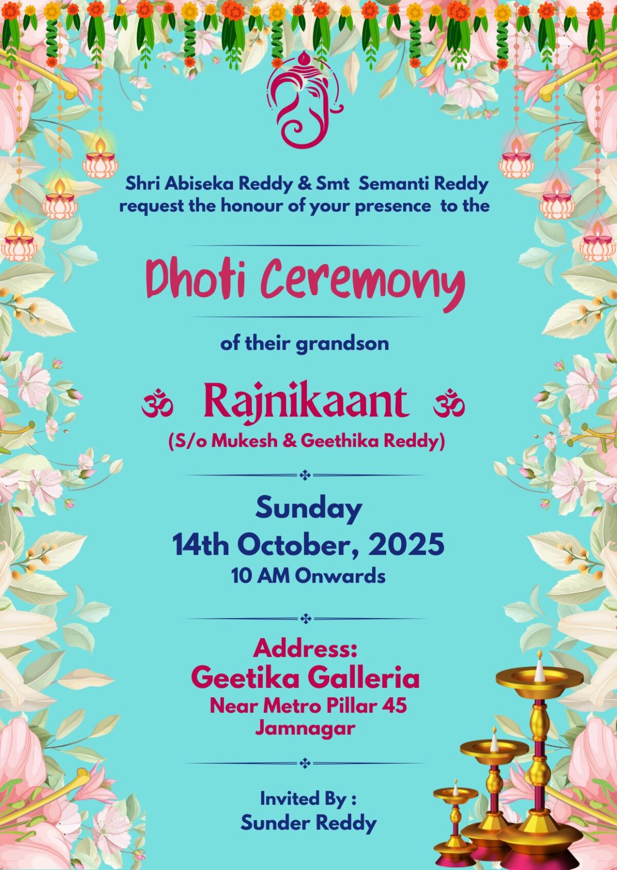 Dhoti Function Invitation Template with Floral Design