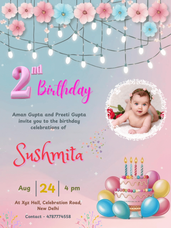 Girl Birthday Invitation Card with Cake, Balloons and Photo