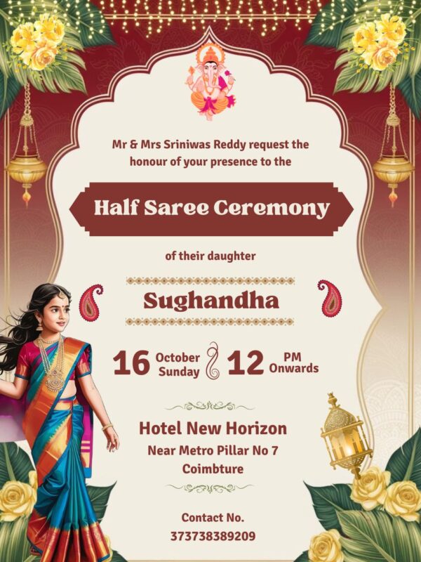 Half Saree ceremony Invitation elegant design