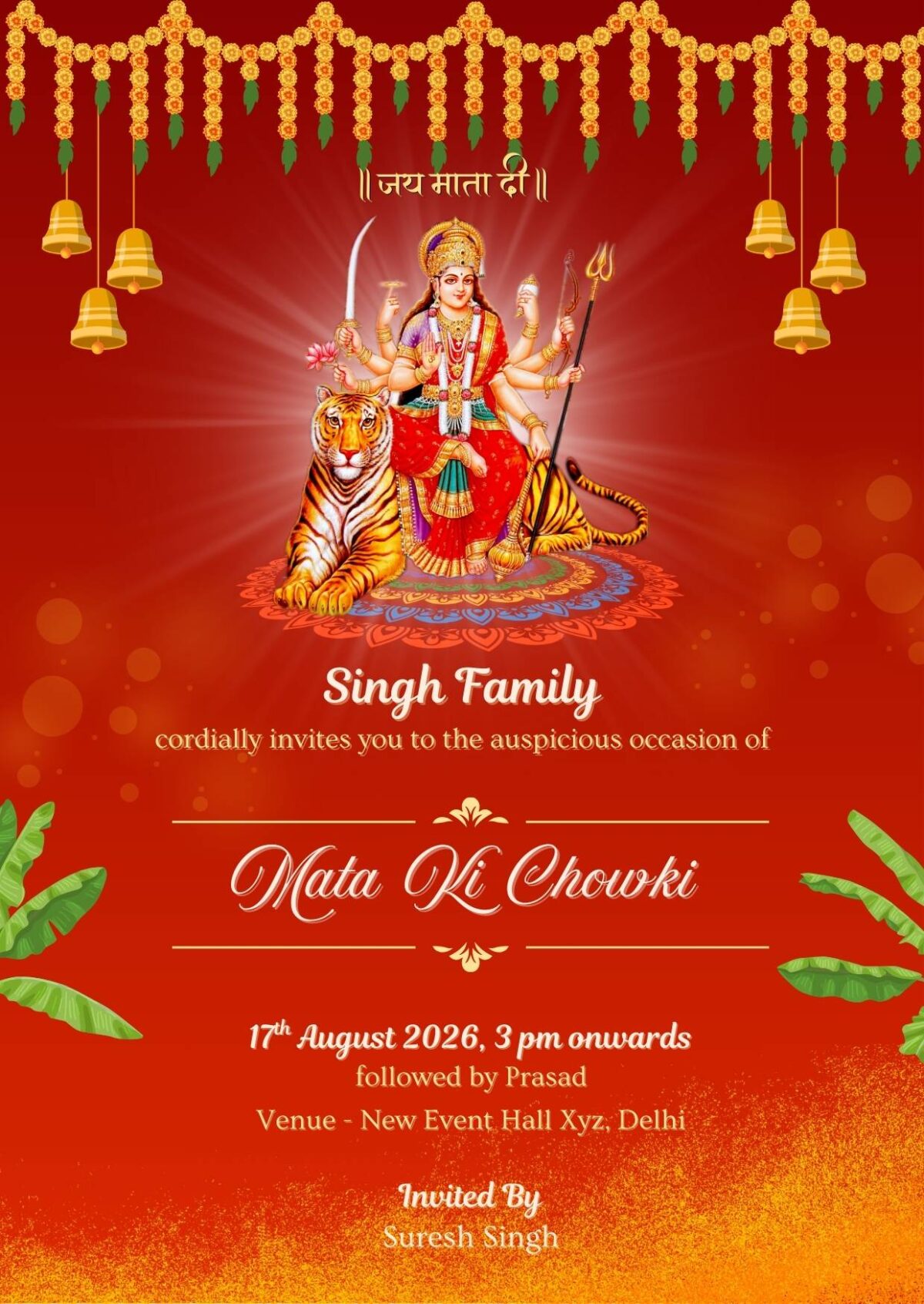 Online Mata Ki Chowki Invitation Card Beautiful design Download PDF and Image