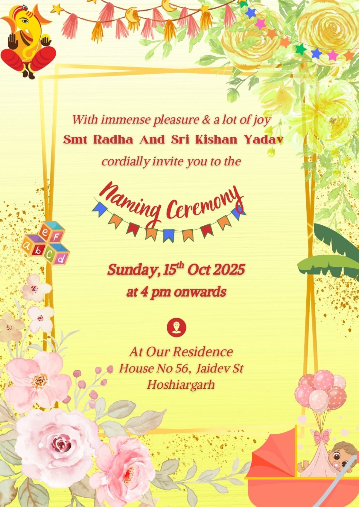 Charming Naming Function Invitation Card With Golden Border