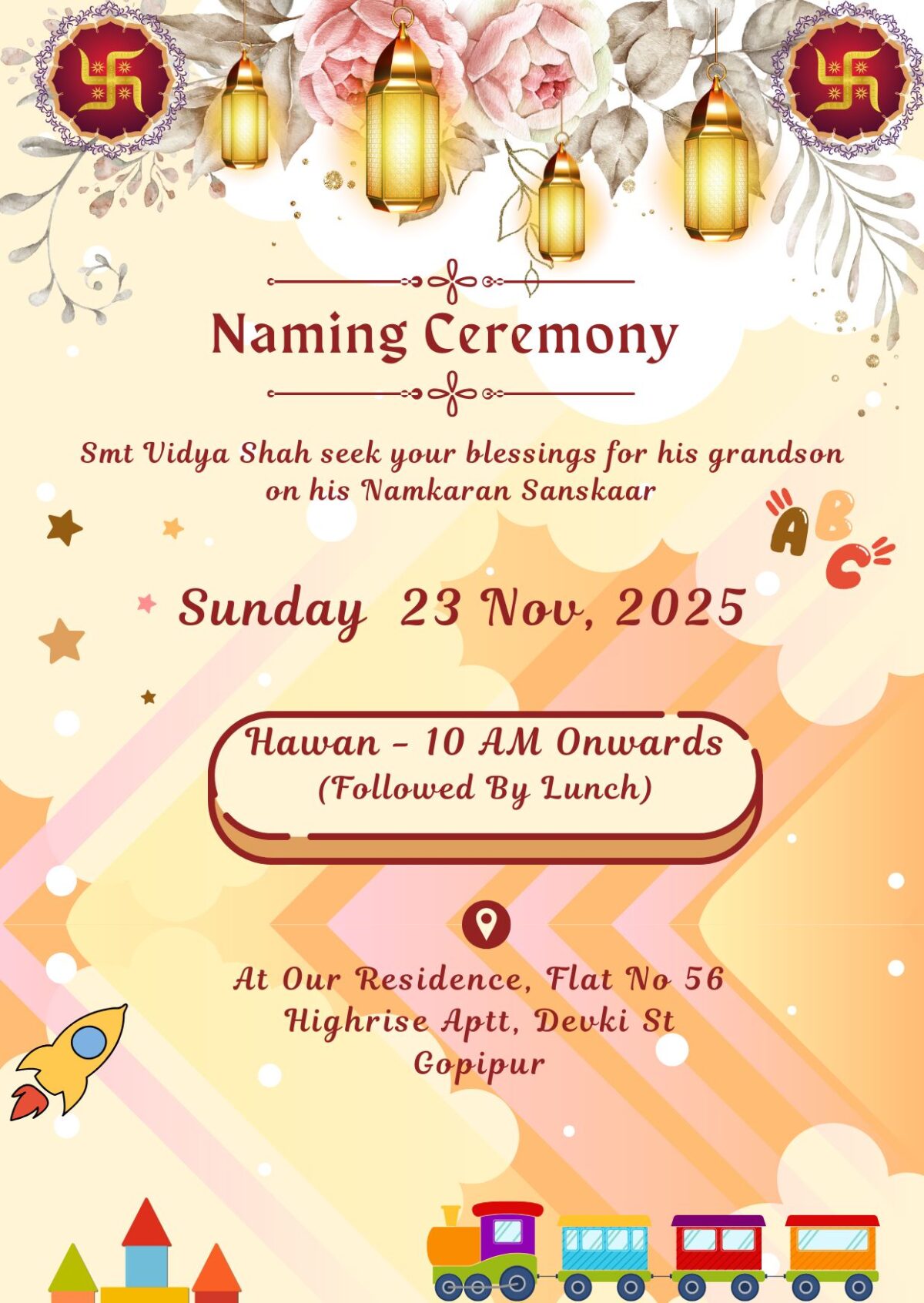 Naming Ceremony Invitation with Clouds, Toy Train, Rockets having Playful Theme