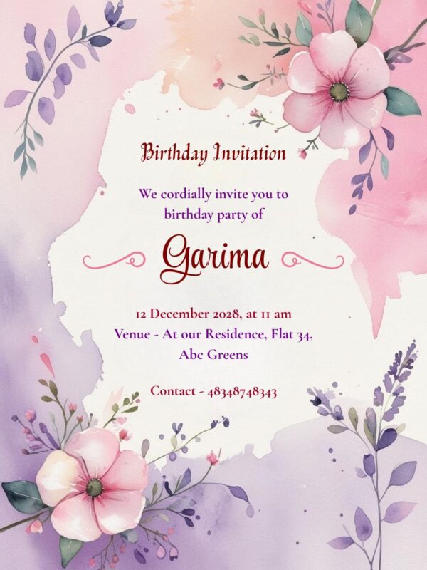Download Birthday Invitation Card Pink and Purple Theme