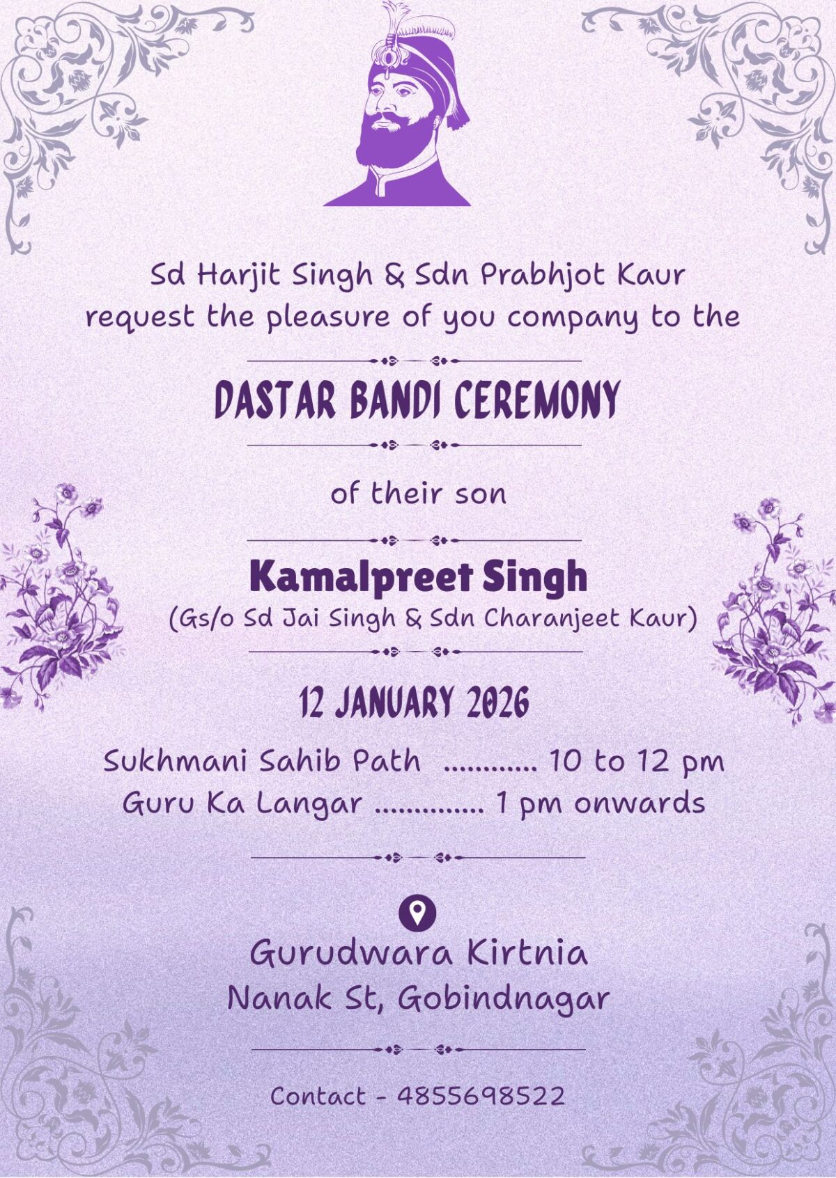 Invitation Card for Dastar Bandi with Elegant Design