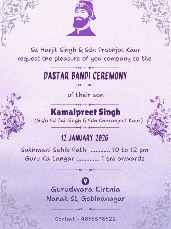Invitation Card for Dastar Bandi with Elegant Design