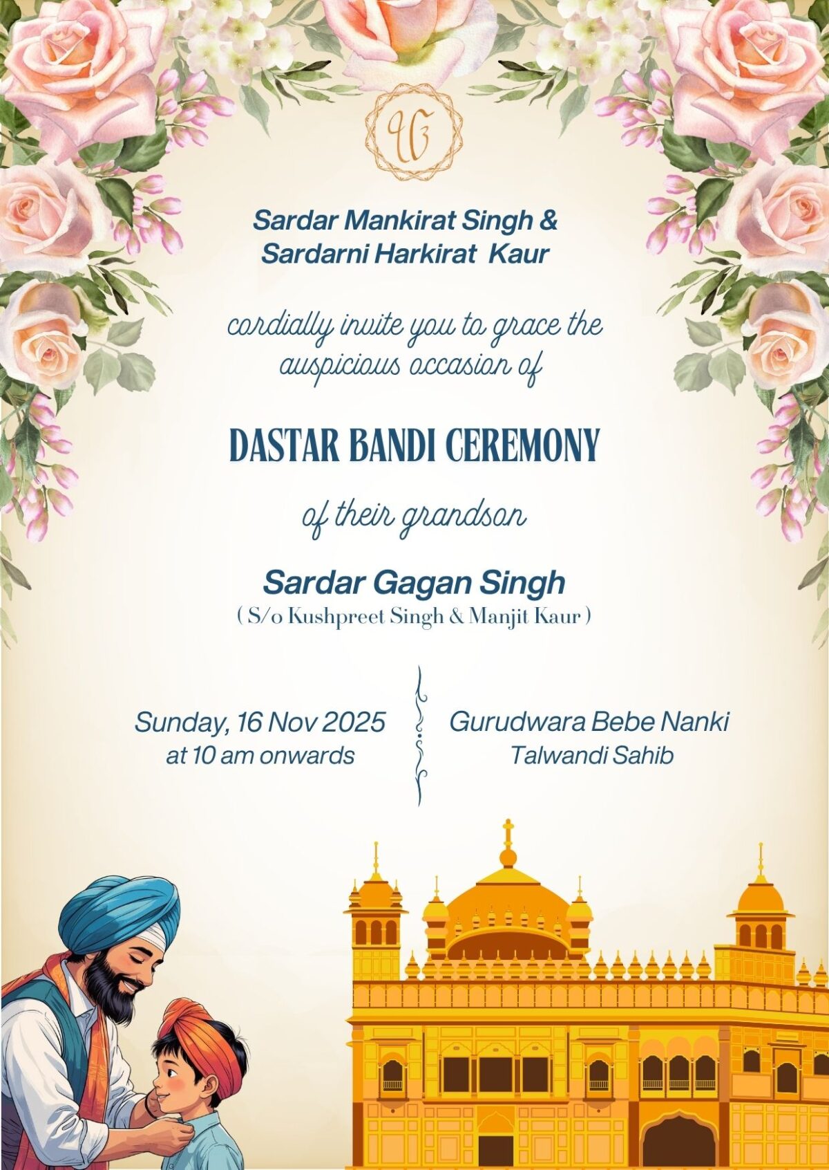 Dastar Bandi Invitation Card With Golden Temple