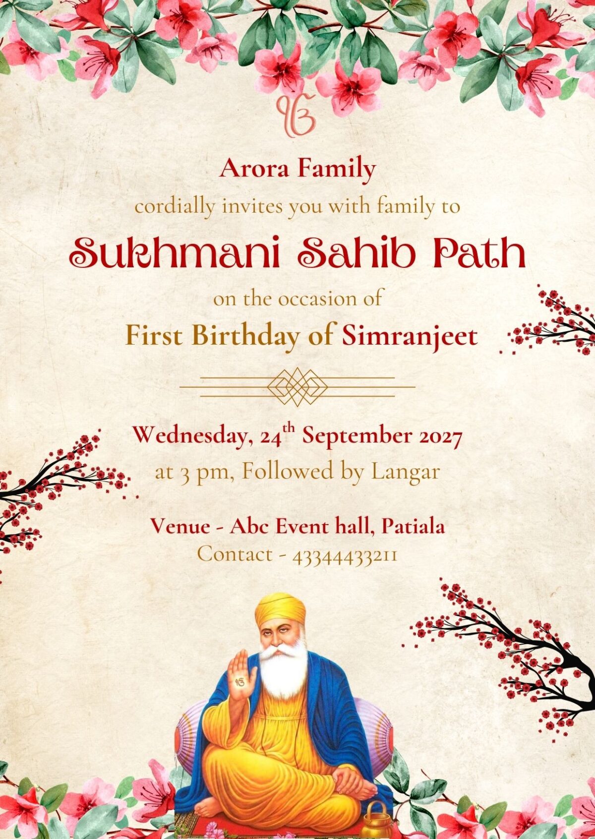 Sukhmani Sahib Path Invitation for Birthday