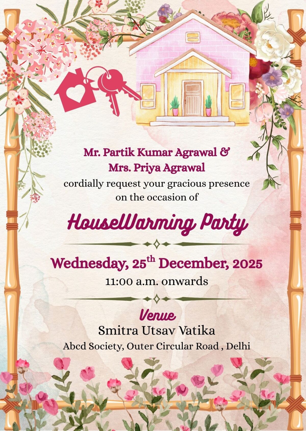 Housewarming Party Invitation with Beautiful Background and Floral Border
