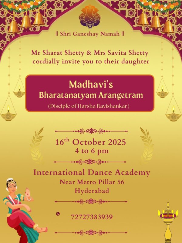 Bharatanatyam Arangetram Invitation with Golden Design