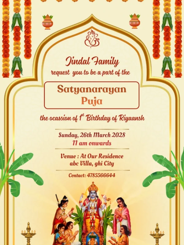 Satyanarayan Puja Invitation card with Traditional design