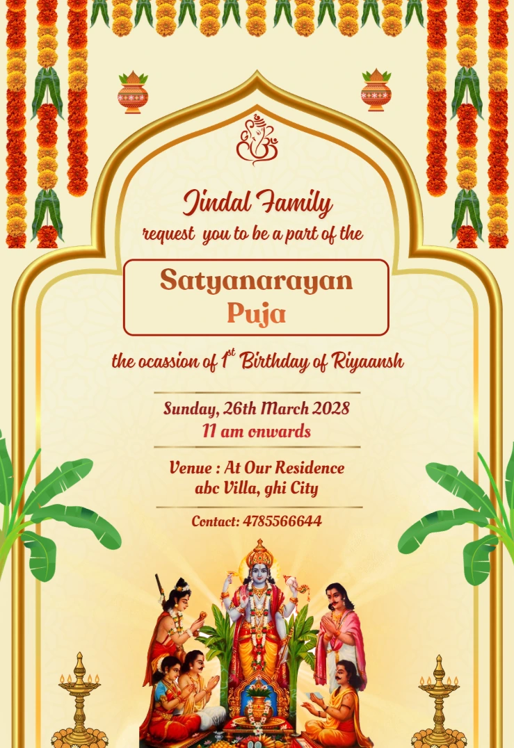 Satyanarayan Puja Invitation card with Traditional design