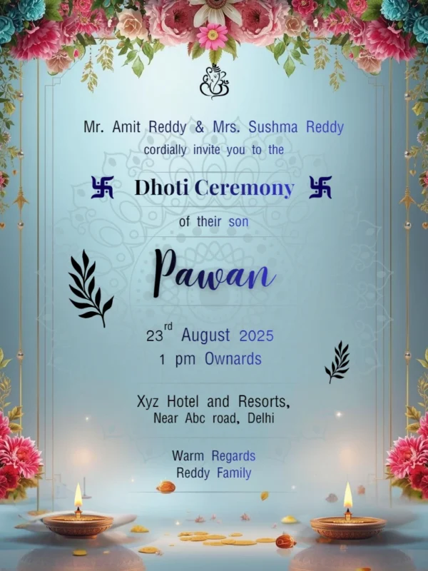 Online Dhoti Ceremony Invitation card with Diyas and Flowers